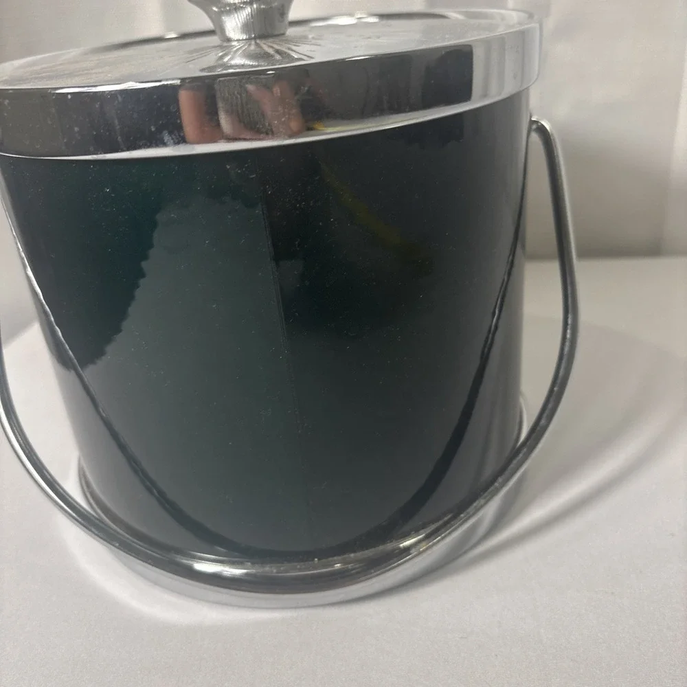 Vintage MCM Barware Ice Bucket~Crest~Dark Green/Silver~ Star Pattern‎